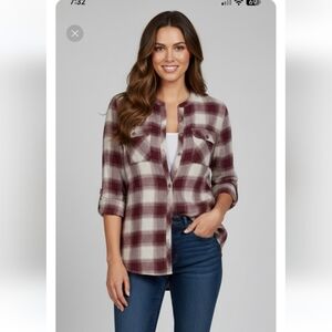 NWT Maurices Burgundy and Beige Long Sleeve Shirt Size M